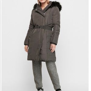 Express Faux Fur Hooded Asymmetrical Zip Puffer